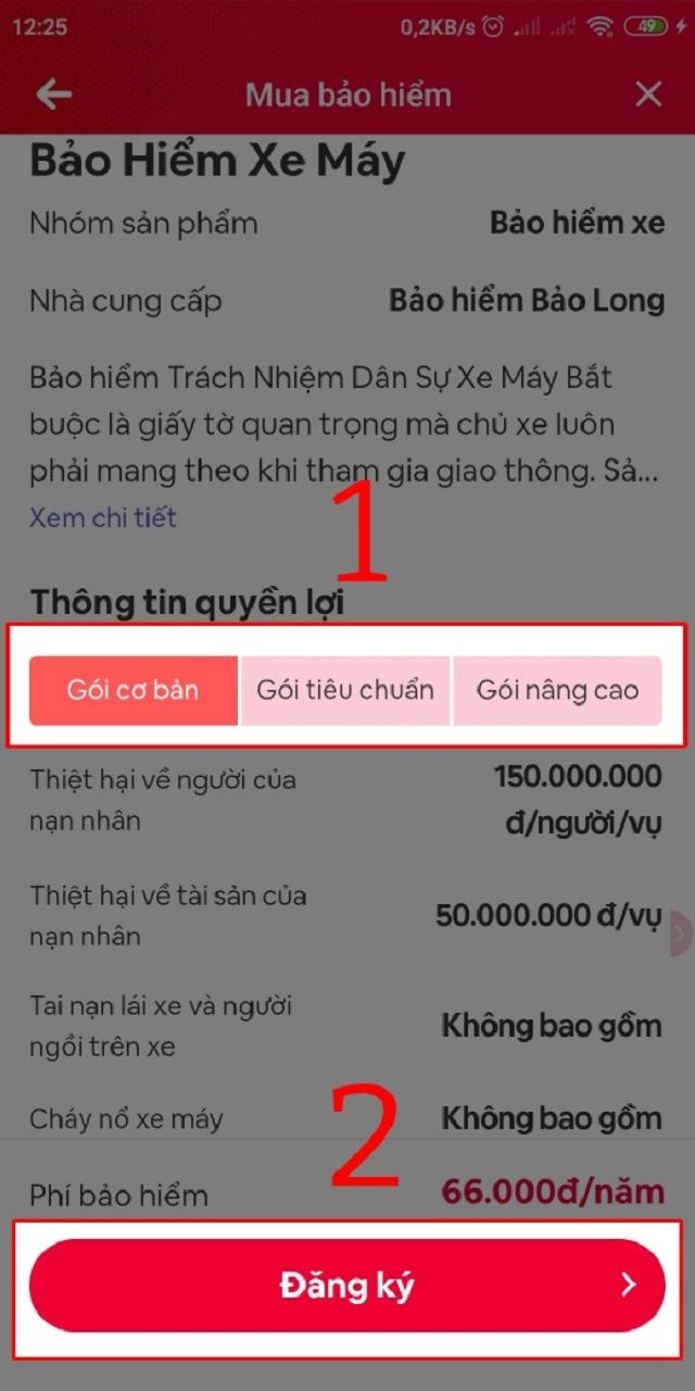 Quy định bảo hiểm xe máy: Hướng dẫn mua online bảo hiểm xe máy 46 Bước 5 chọn gói bảo hiểm