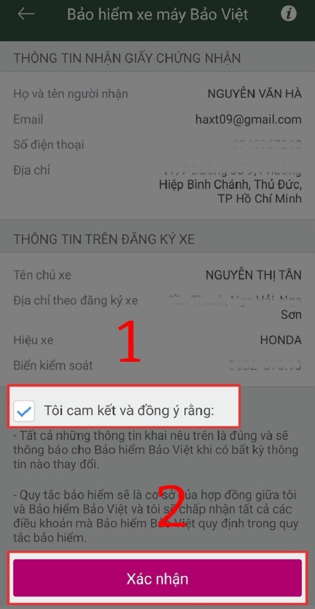 Quy định bảo hiểm xe máy: Hướng dẫn mua online bảo hiểm xe máy 40 Xác nhận các nội dung đã kê khai trên hệ thống